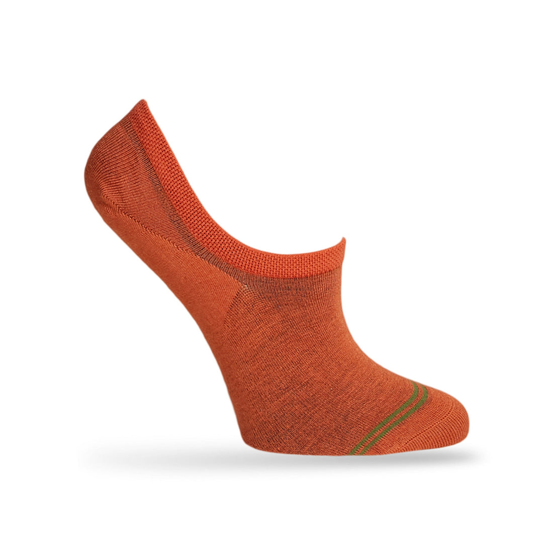 1 no show sock in solid burnt orange with a double horizontal green stripe over the toe being displayed on a mannequin
