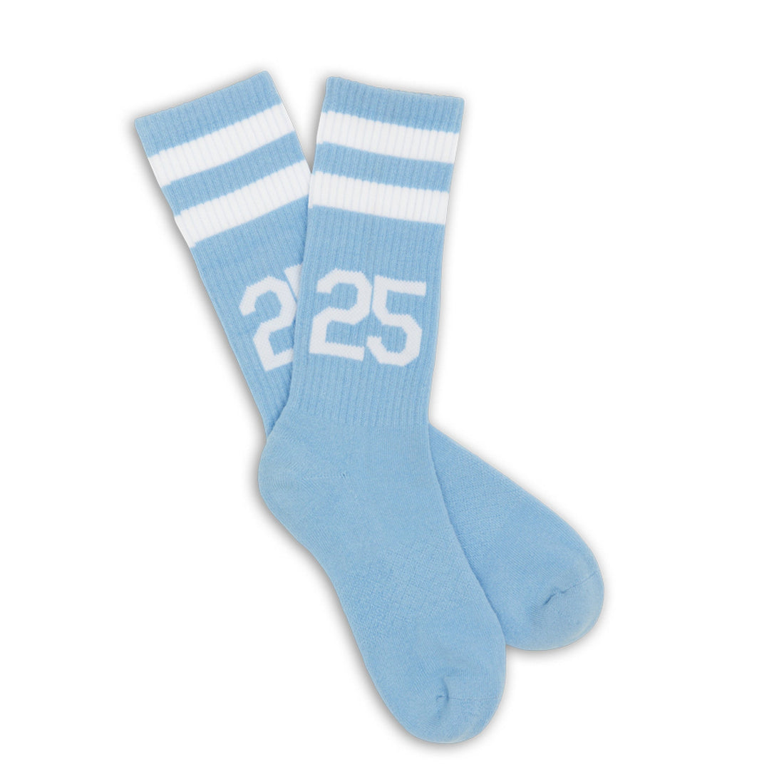 Powder blue casual socks with two retro stripes and the number 25 on the ankle laid out flat.