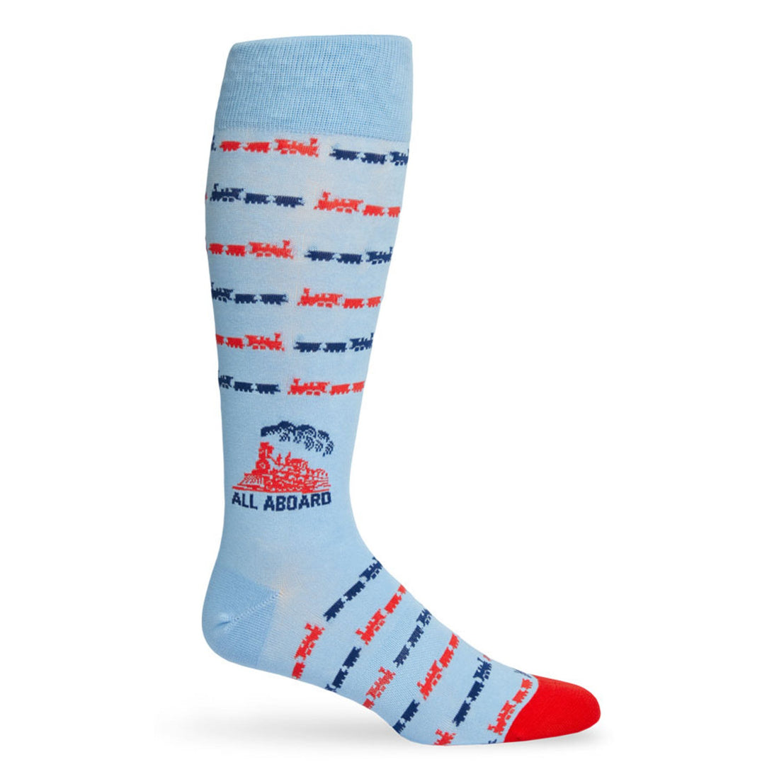 Powder Blue dress socks with trains and text saying ALL ABOARD the lane train shown on a mannequin