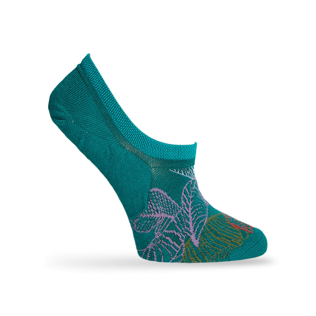 1 no show sock in solid teal with a multi color leaf design in pink green blue and orange displayed on a mannequin