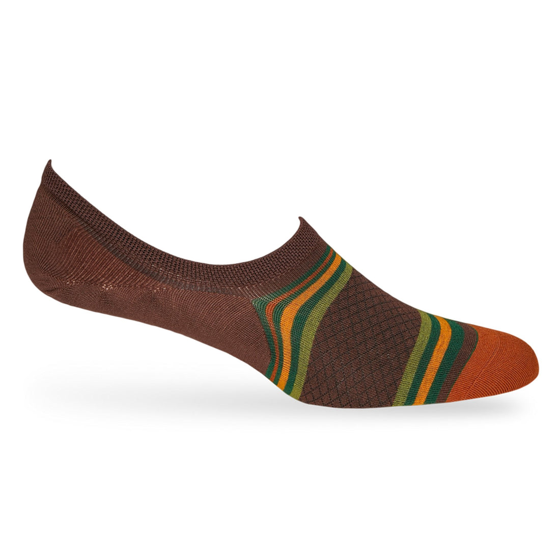 1 brown no show sock with horizontal stripe design orange green with webbed black design orange toe displayed on mannequin