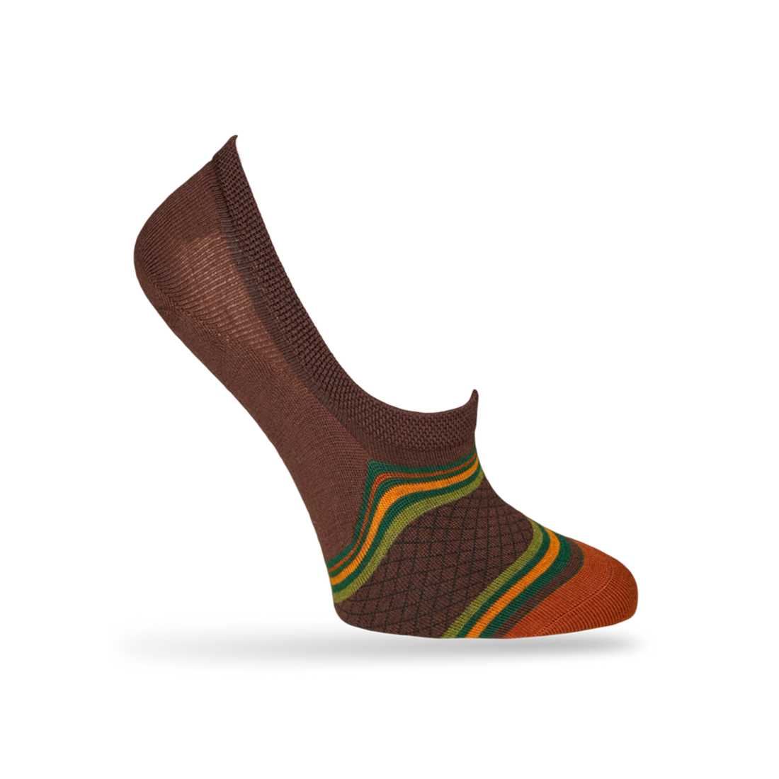 1 brown no show sock with horizontal stripe design orange green with webbed black design orange toe displayed on mannequin