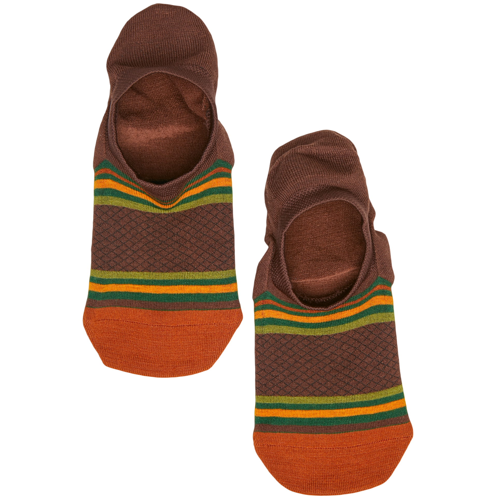 Lay flat no show sock in navy blue with a green floral pattern and green for the toe