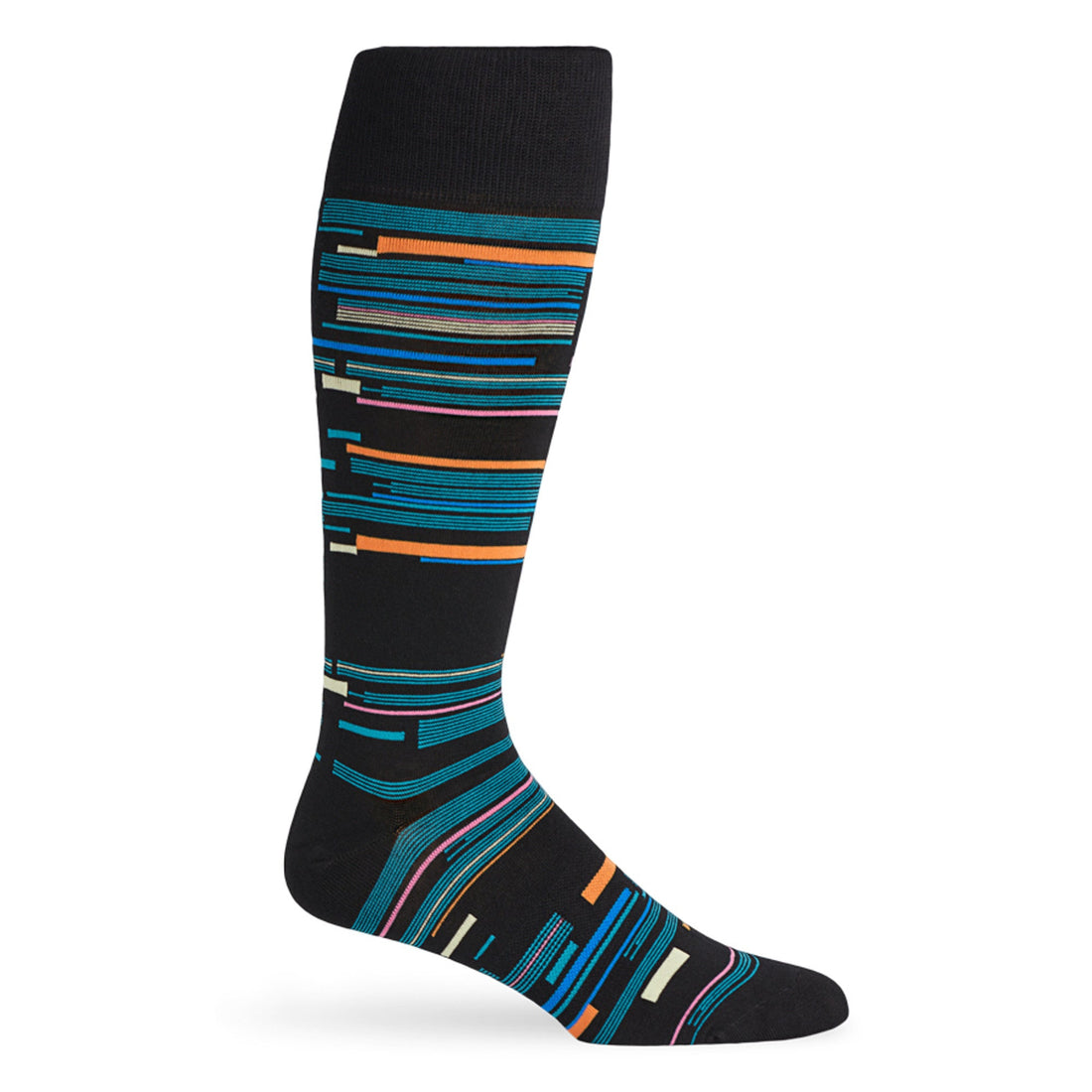 Black dress socks with green, blue, orange and grape accents in a patchwork design shown on a mannequin.