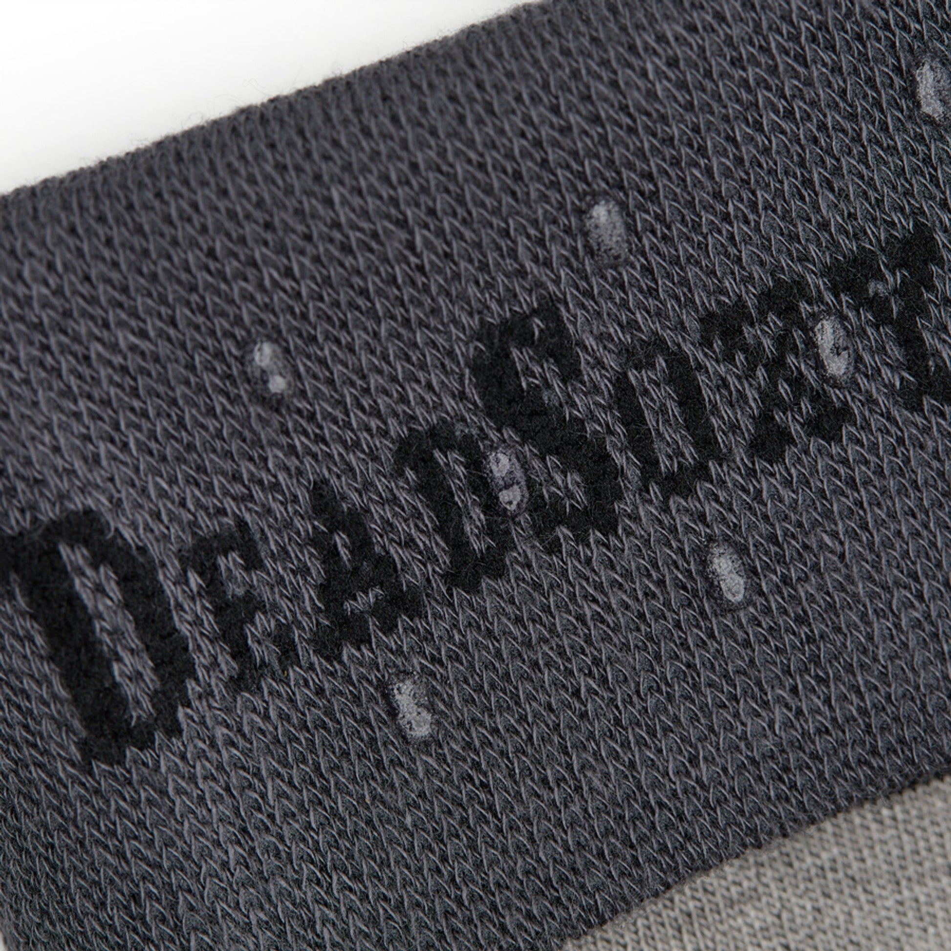 close up of the welt and DeadSoxy's TrueStay‚Ñ¢ sock technology on the welt of charcoal grey  dress socks.