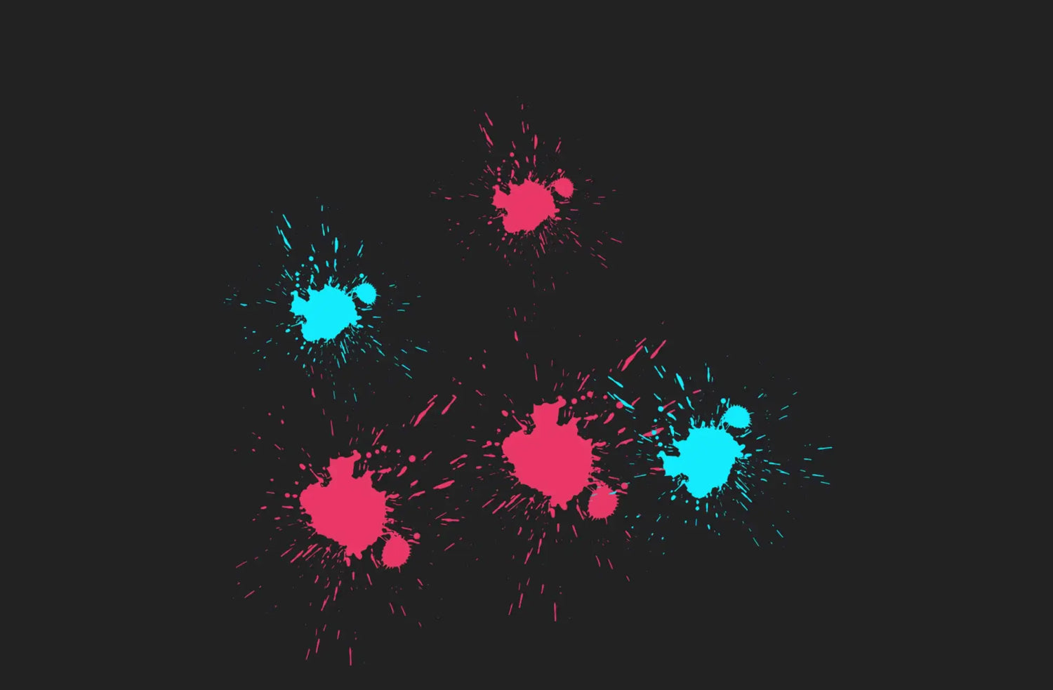Vibrant pink and cyan paint splatters against a dark background.