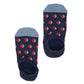 The phillips navy no show socks with medium sized dots half red and half powder blue from over the top perspective.
