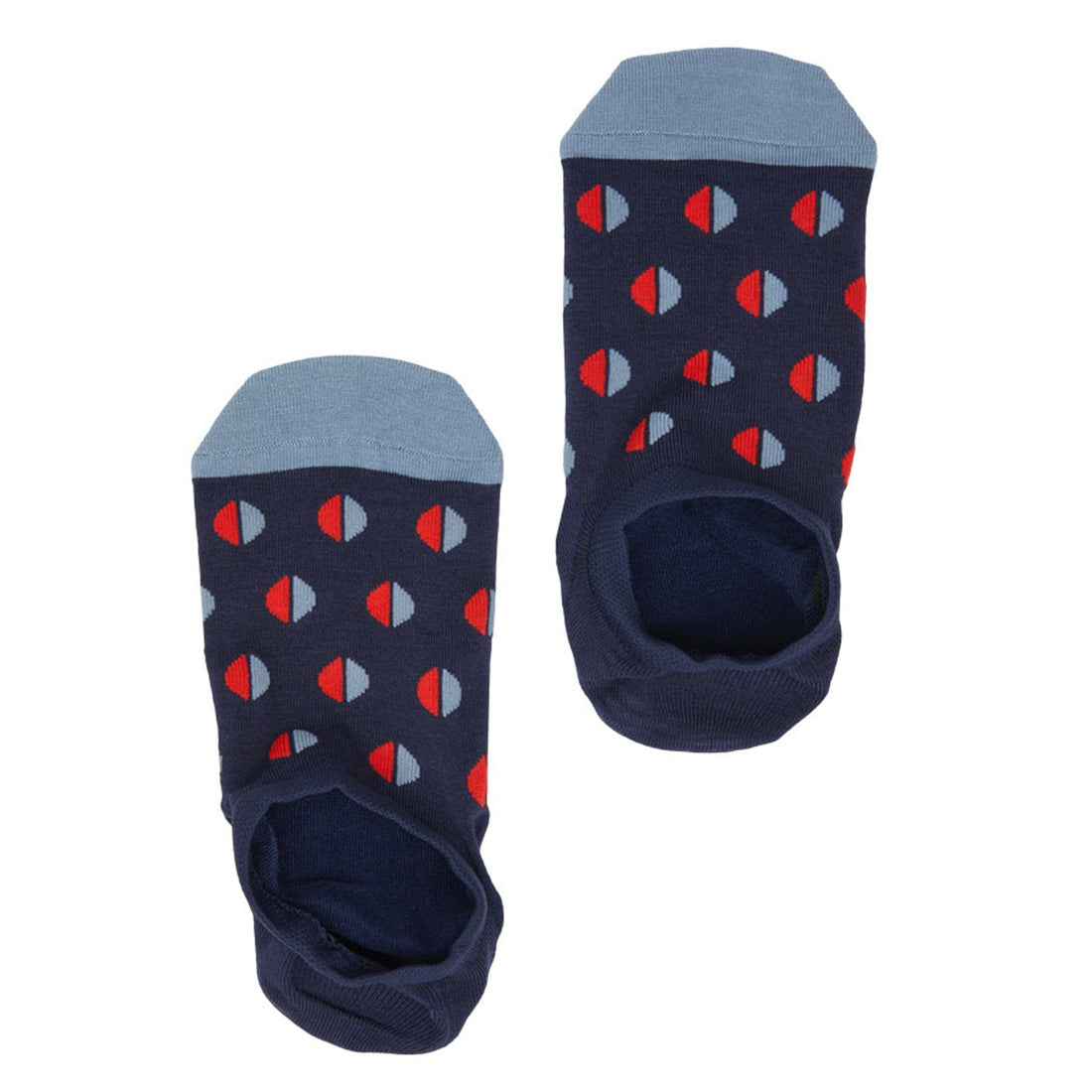 The phillips navy no show socks with medium sized dots half red and half powder blue from over the top perspective.