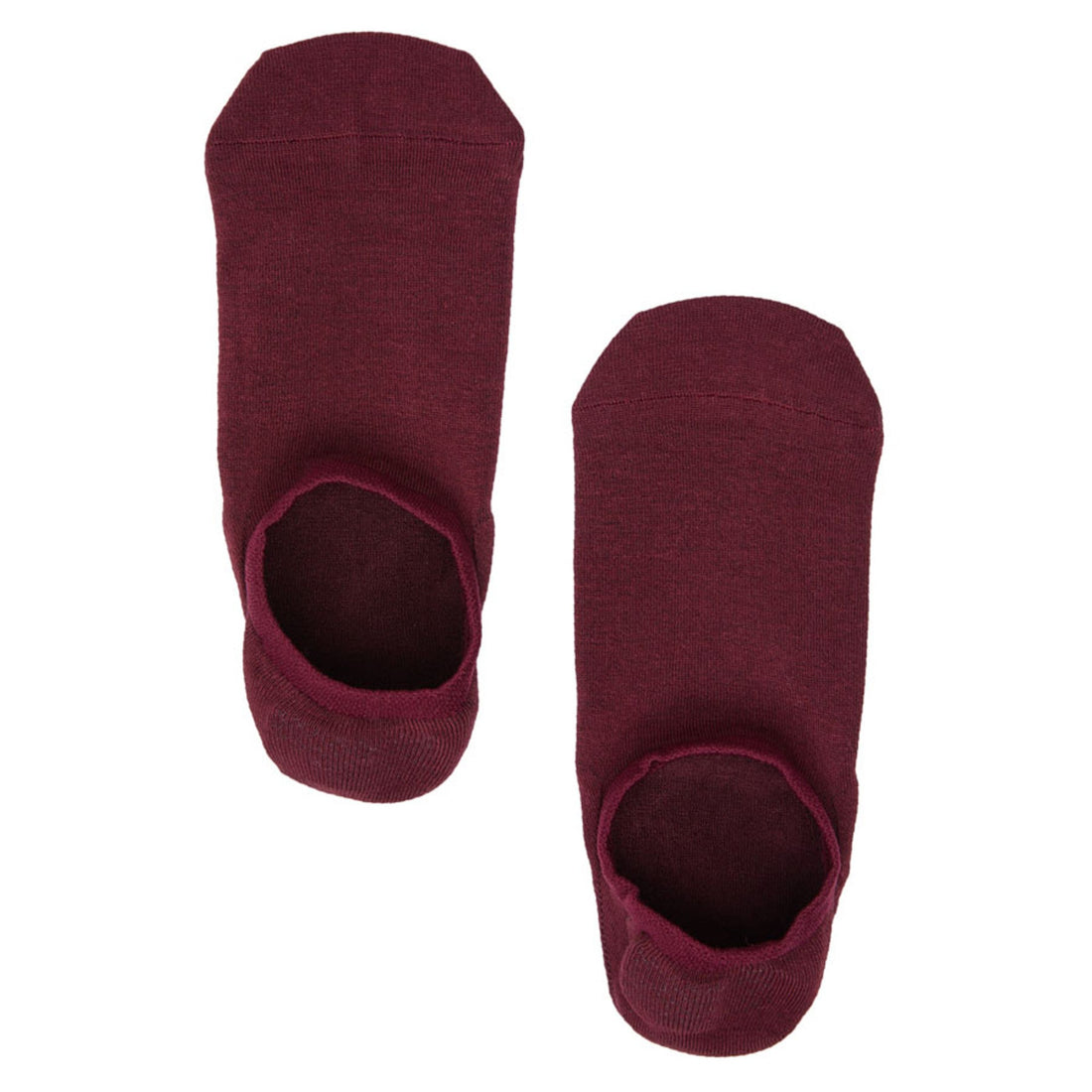 The bac deep red solid no show socks from over the top perspective.