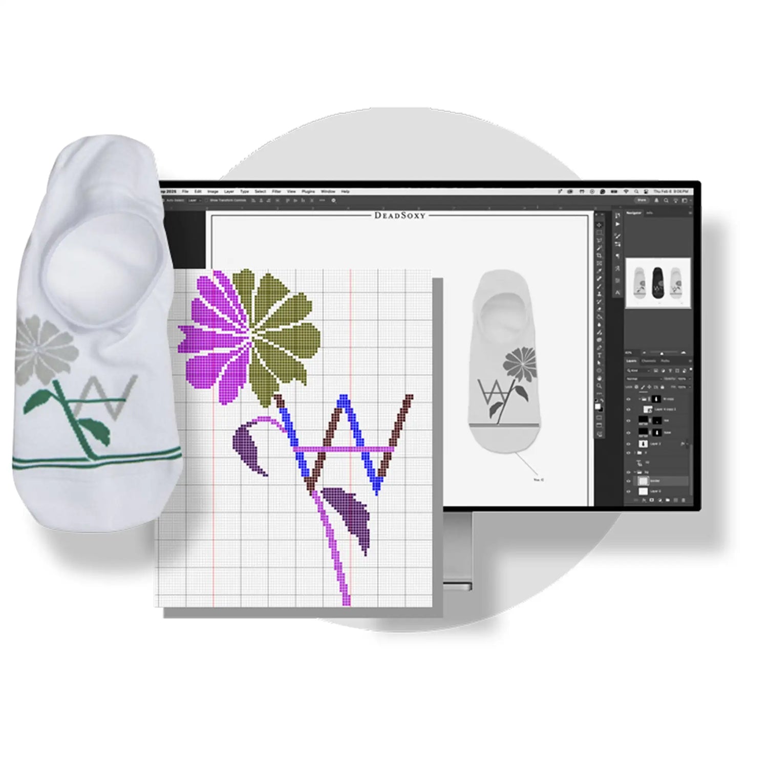 White ankle sock featuring a floral design with purple, green, and brown embroidery.