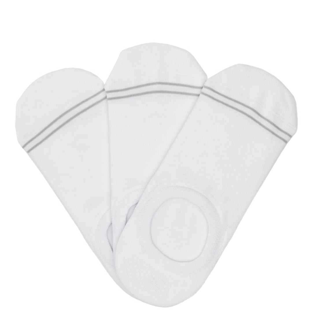 3 solid white no show socks with two accent lines around the toe.
