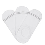 3 solid white no show socks with two accent lines around the toe.