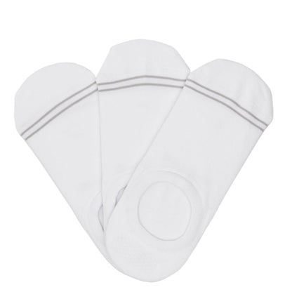 3 solid white no show socks with two accent lines around the toe.