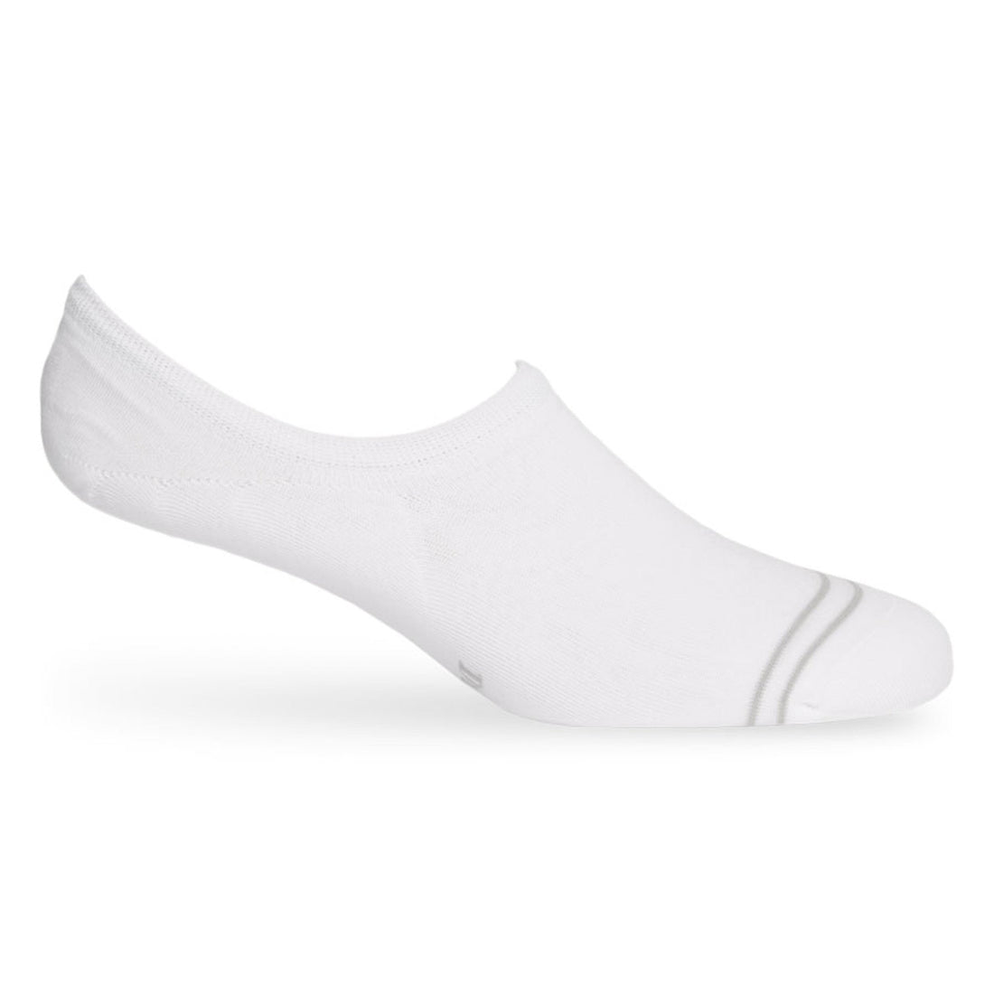 A solid white cotton no show sock on a mannequin.
