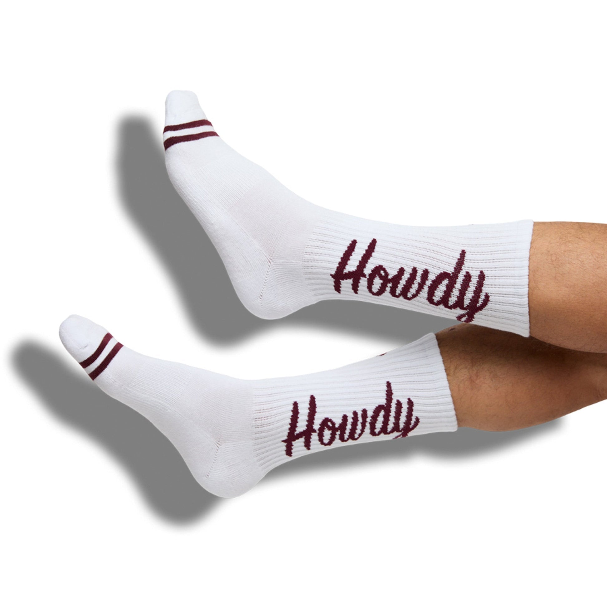 White Howdy Casual Socks with 'Howdy' text going up the leg in maroon.