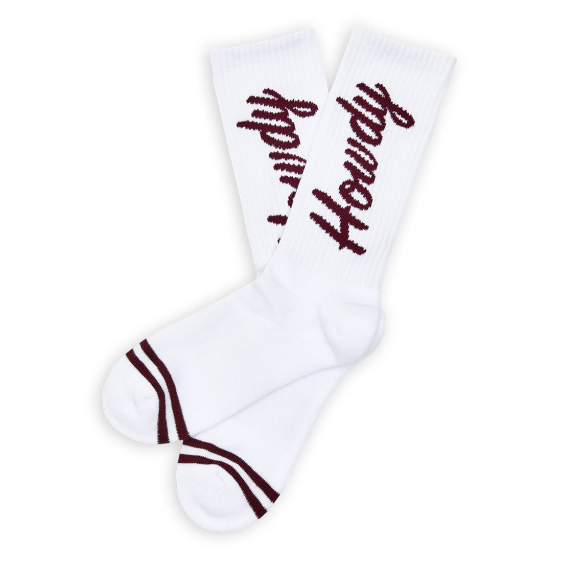 White Howdy Casual Socks with 'Howdy' text going up side of leg laid flat.