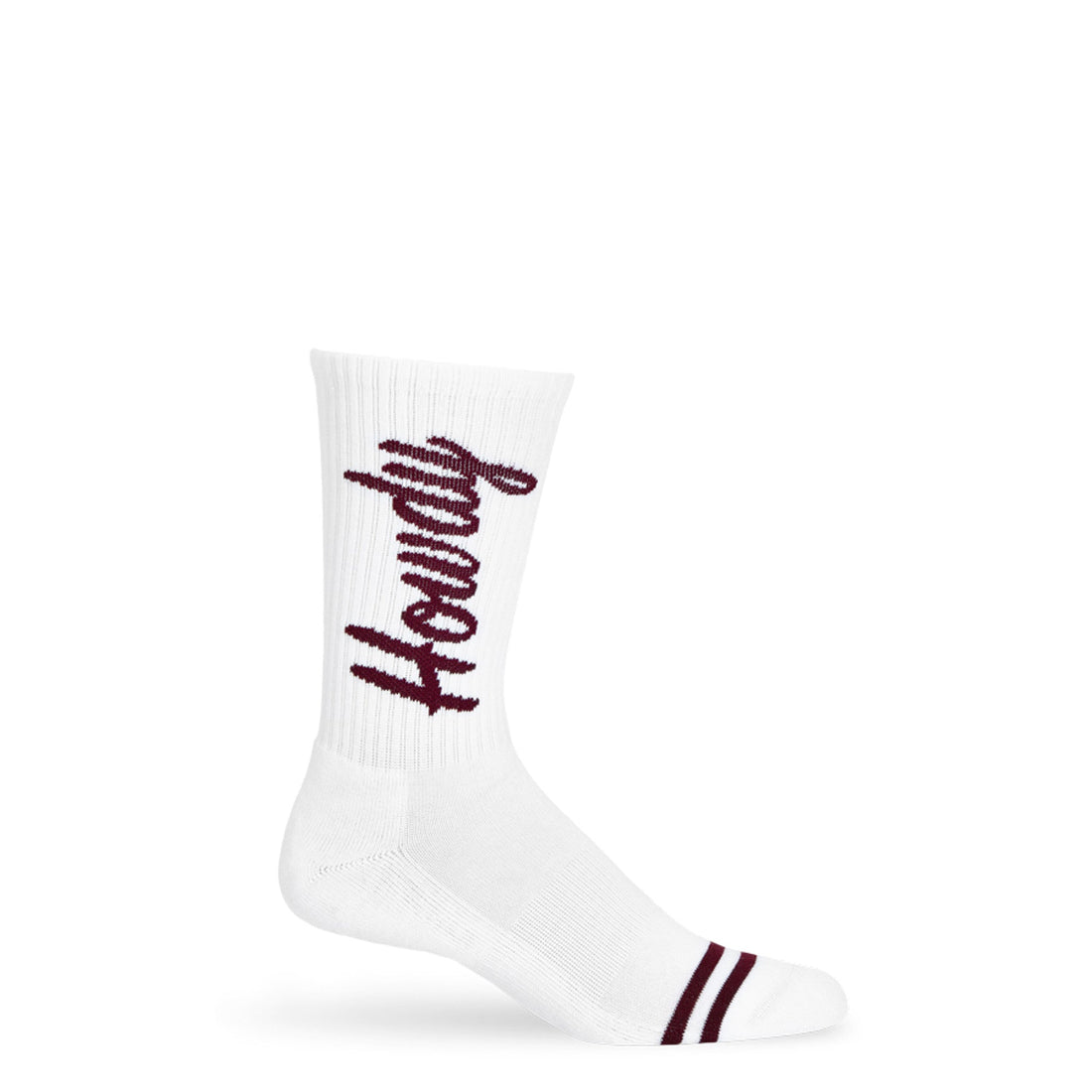 White Howdy Casual Socks with 'Howdy' text going up the leg in maroon. on legs.