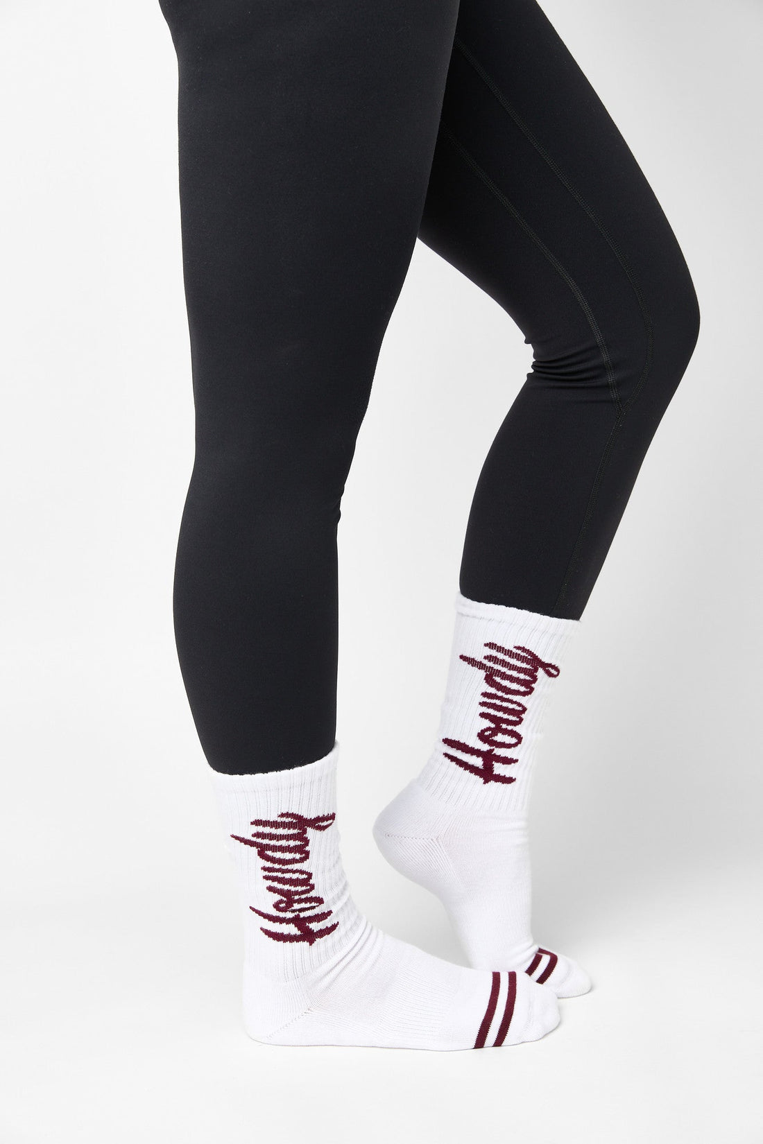 white casual crew socks with cushion and Howdy going up the leg.
