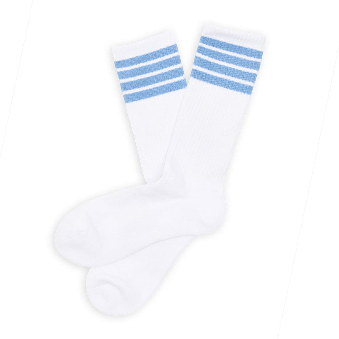white crew socks with 4 thin stripes on the leg laid flat