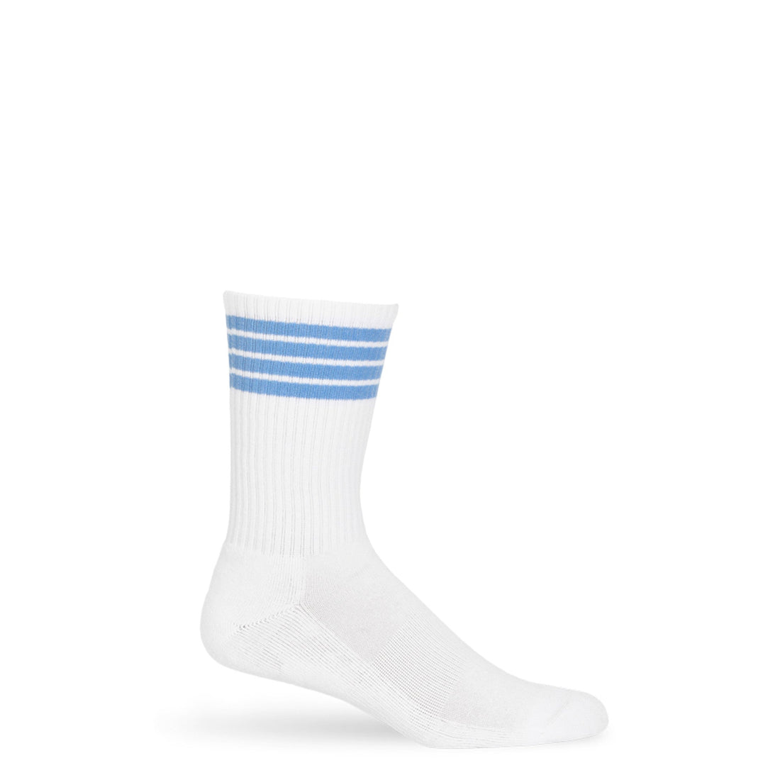 white crew socks with 4 thin stripes on the leg on a mannequin