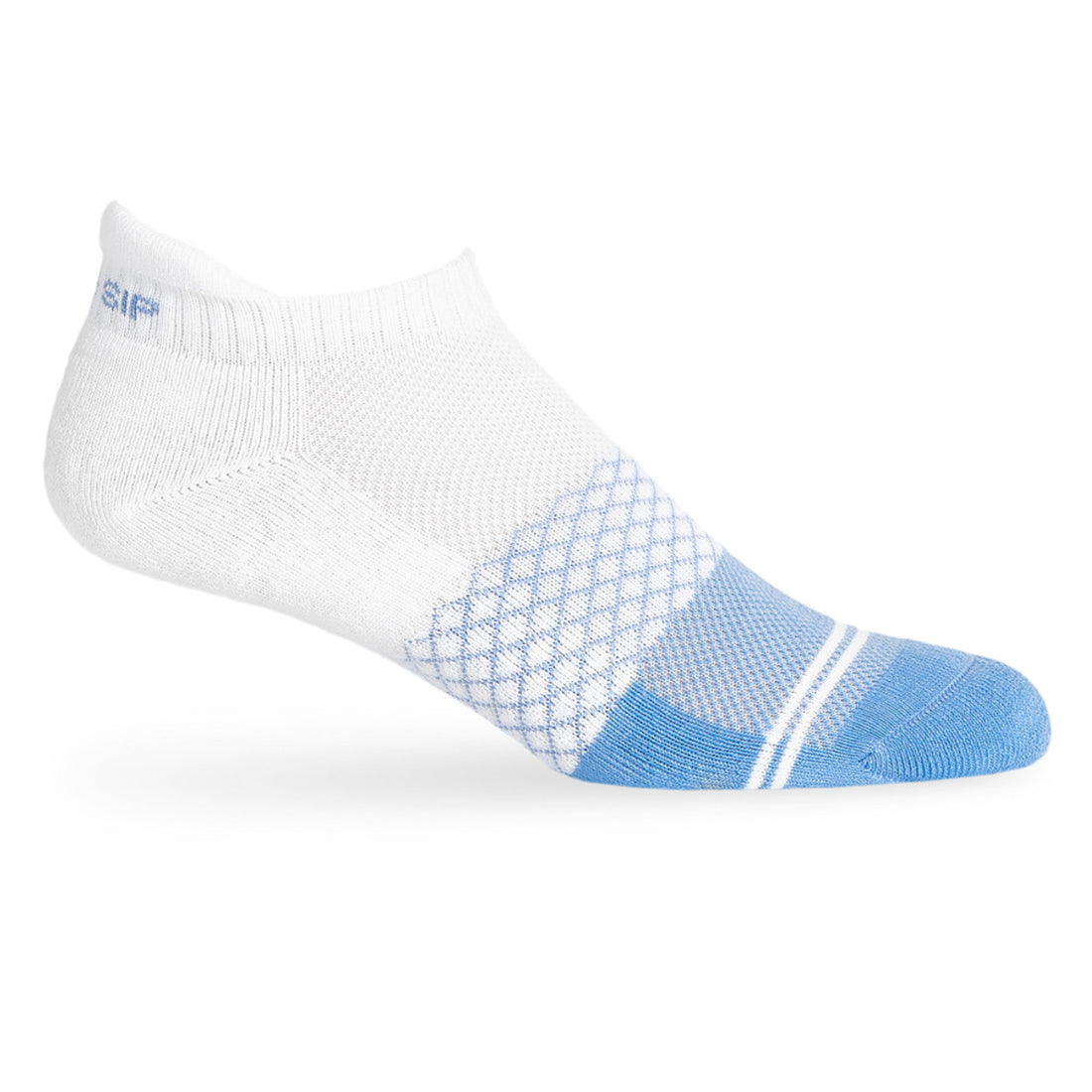 White and powder blue 50/50 ankle socks with two accent stripes around the toe.