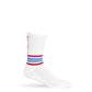 White Casual Crew Socks with 'Rebs' down the back of the leg retro stripes on the ankle in powder and red on mannequin.