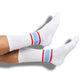 White Casual Crew Socks with 'Rebs' down the back of the leg retro stripes on the ankle in powder and red on legs.