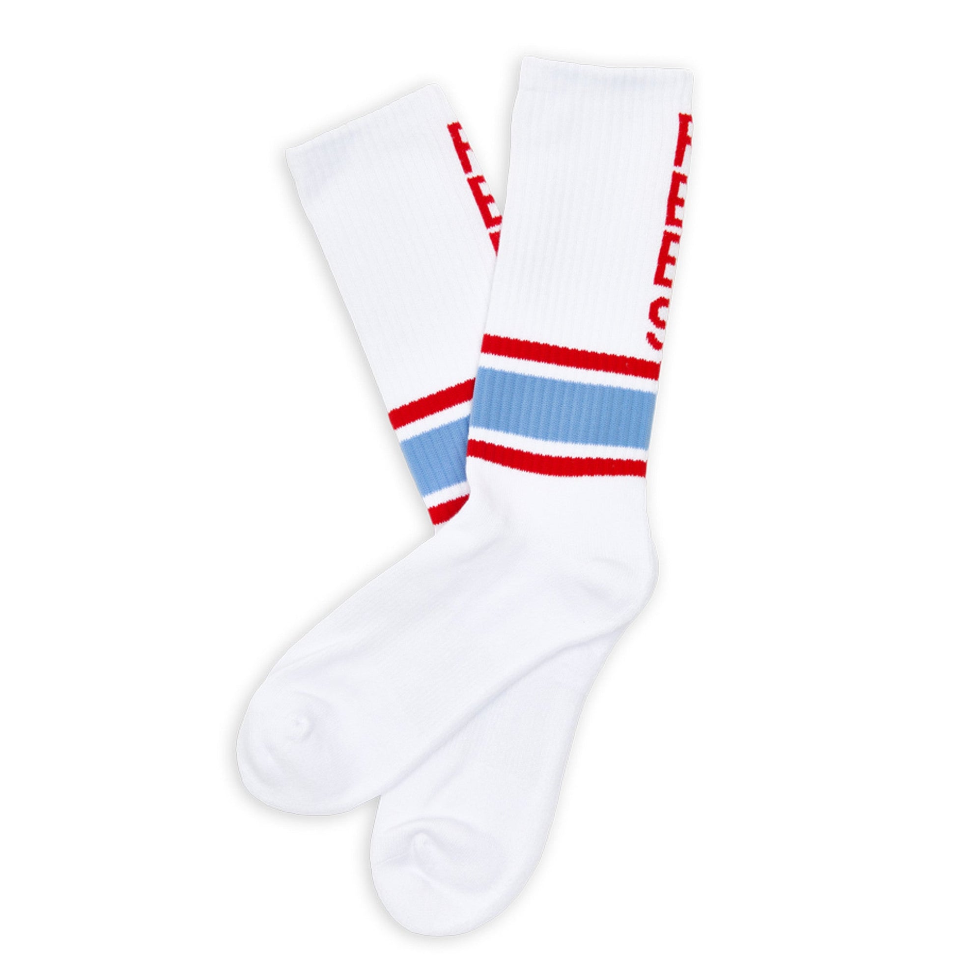 White Casual Crew Socks with 'Rebs' down the back of the leg retro stripes on the ankle in powder and red laid out flat.