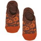 1 pair of no show socks lay flat side by side in solid brown with an orange toe and orange leaf design towards the front