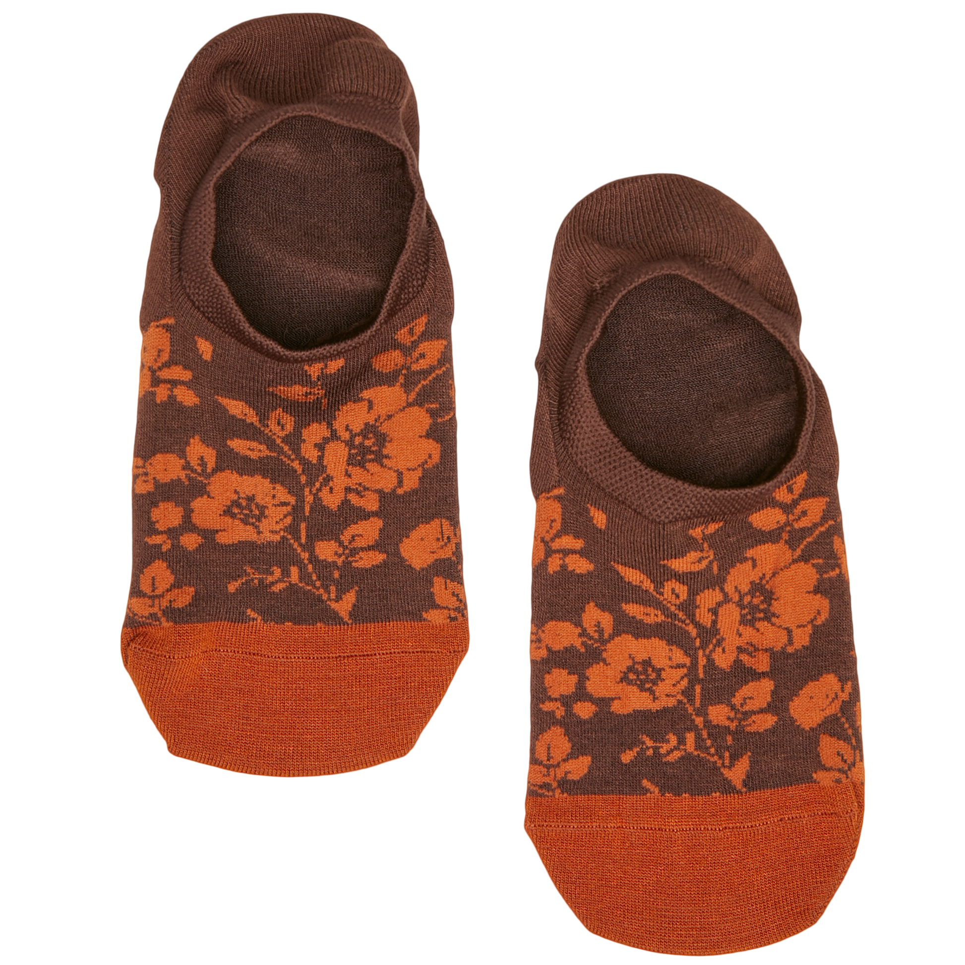 Lay flat no show sock in purple with white and red geometric pattern and green for the toe