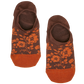 Lay flat sock in brown with a orange floral pattern and orange for the toe