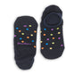 Navy blue invisible socks with multiple colors of dots laid out flat