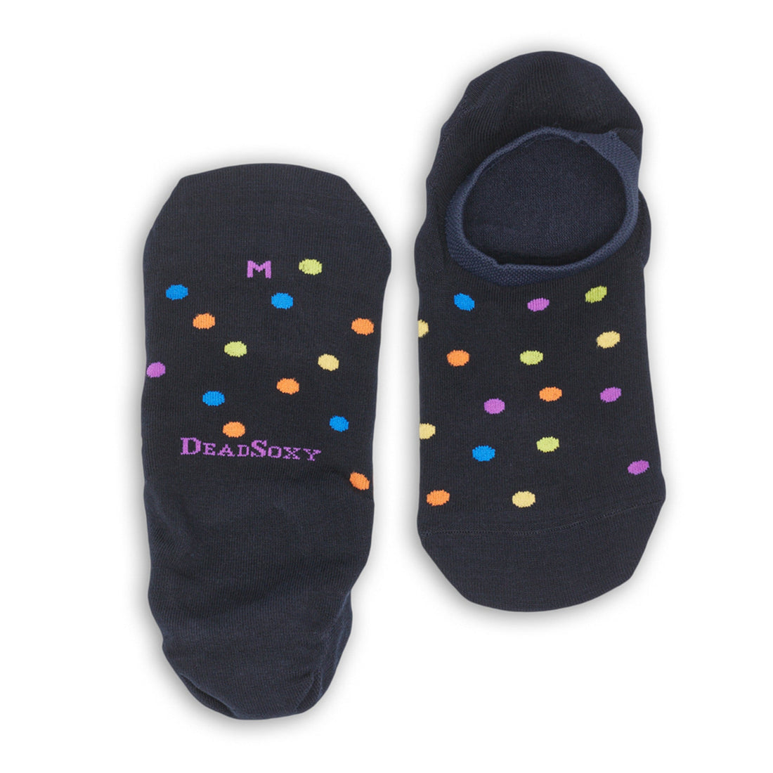 Navy blue invisible socks with multiple colors of dots laid out flat
