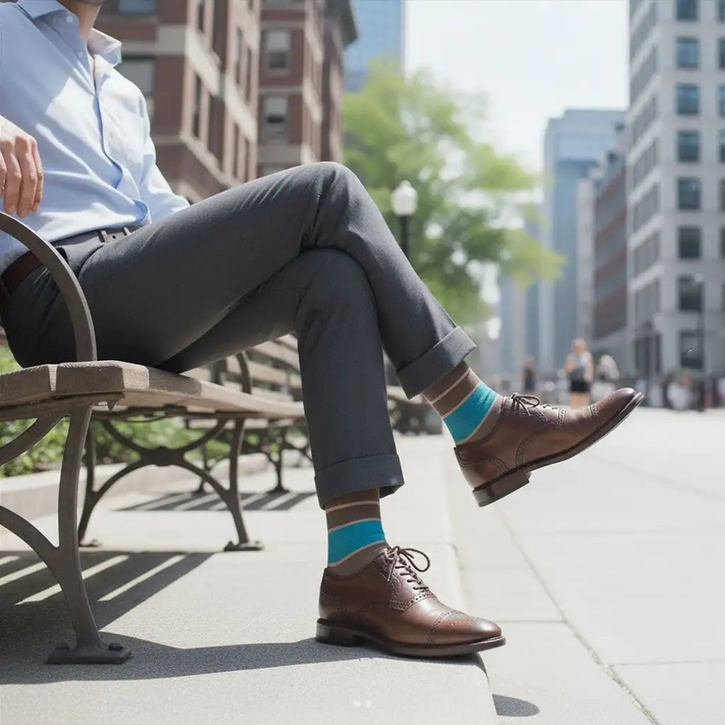Patterned dress socks paired with brown brogues and tailored trousers