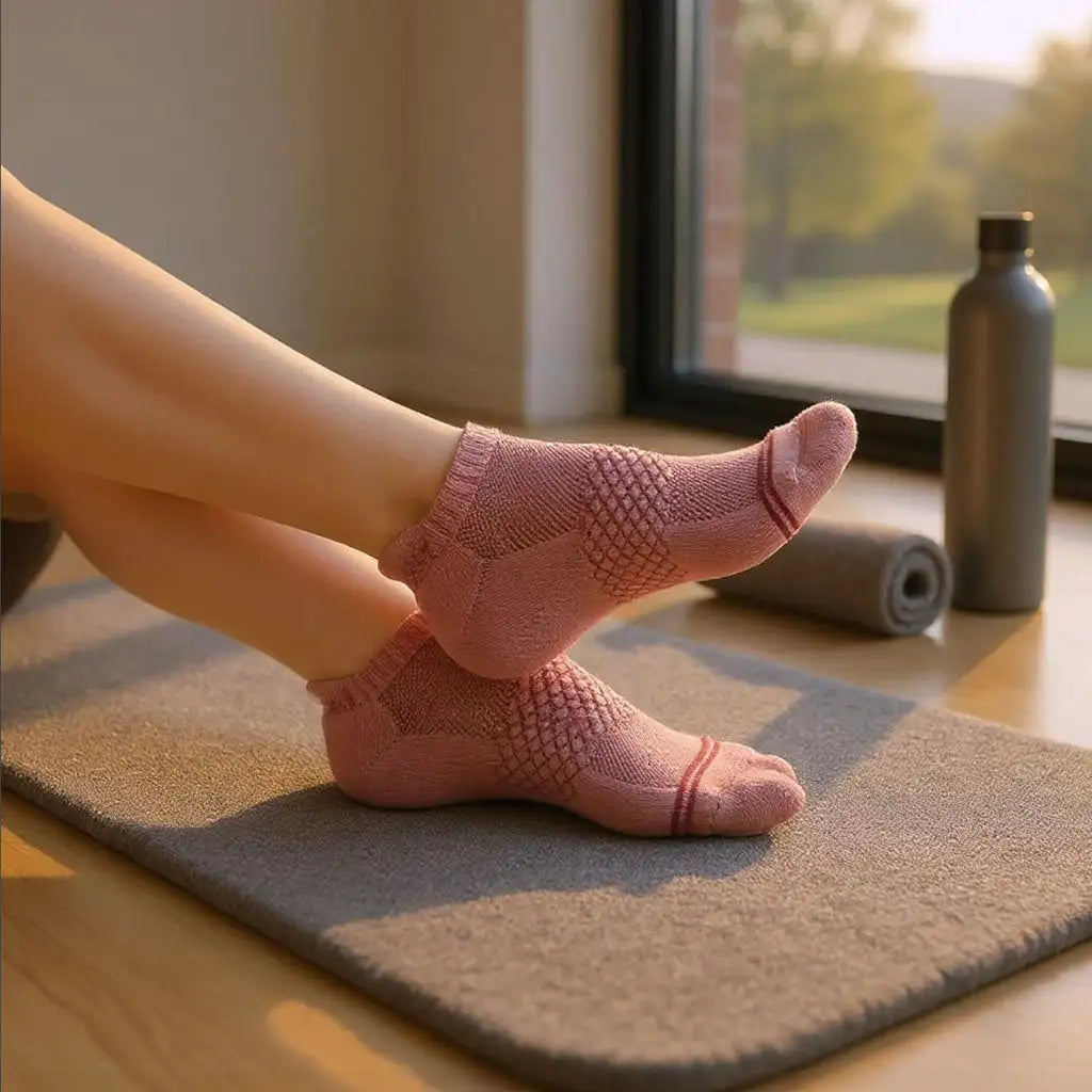 Pink ankle socks worn during a relaxed stretch on a yoga mat